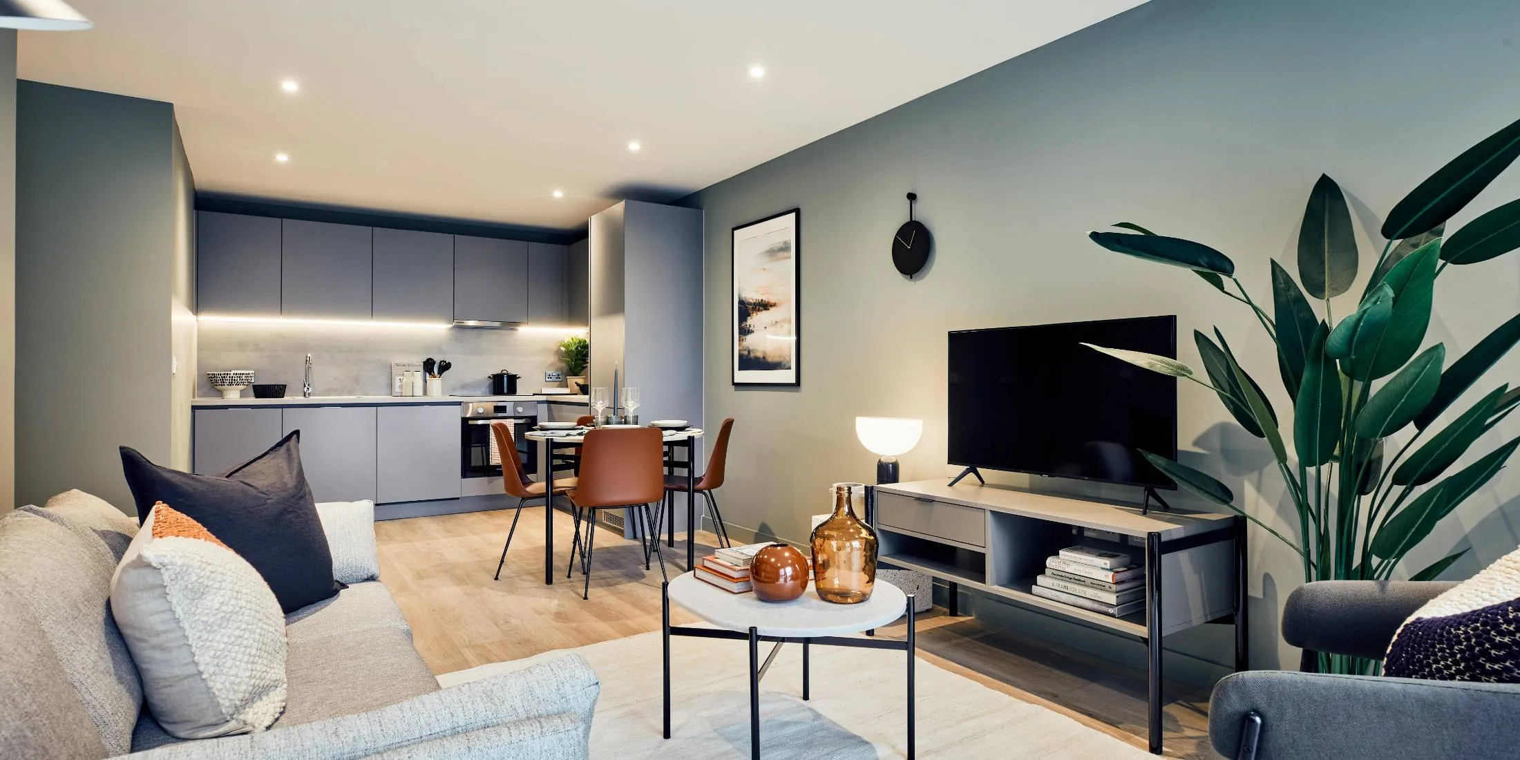 Two bedroom apartment open plan living, dining and kitchen area 